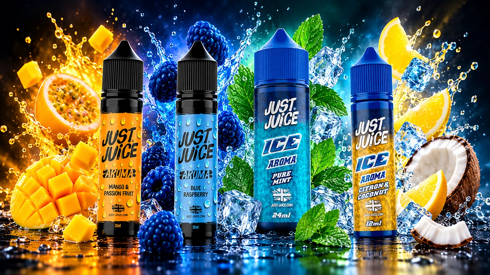 Selección de frutas tropicales, cítricos y frutos rojos de la gama Just Juice