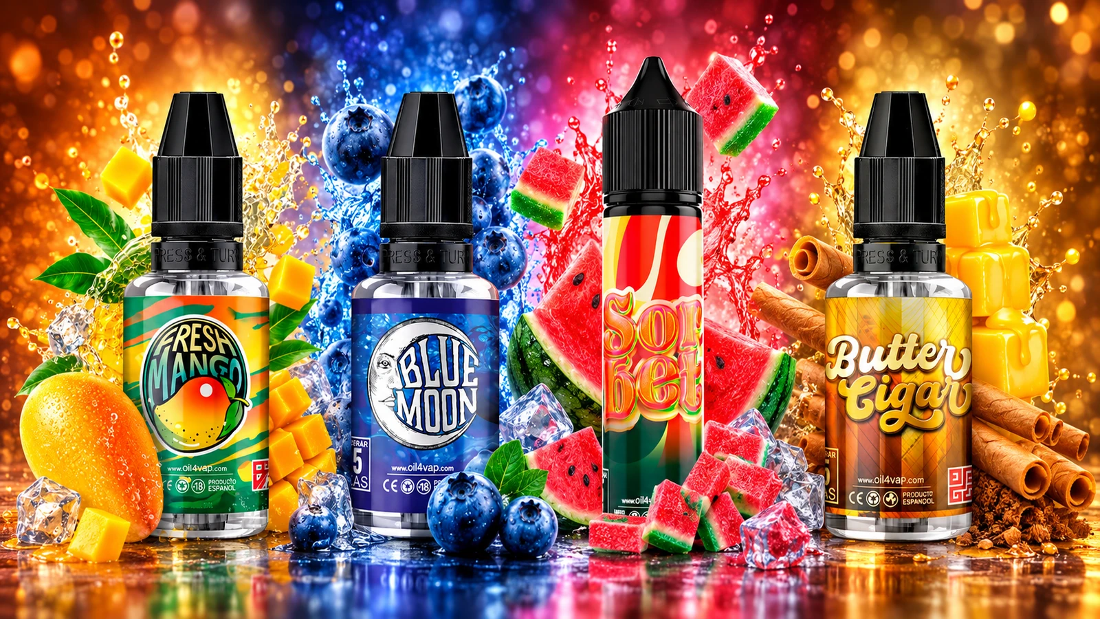 Selección de frutas, postres, bebidas y hojas de tabaco inspirada en los longfills Oil4Vap