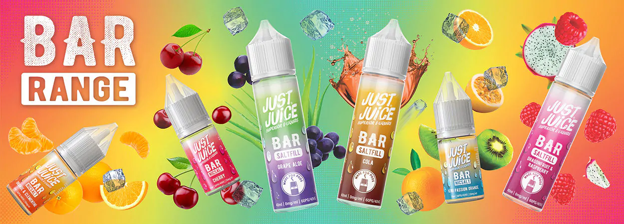Creatividad de marca de la gama Just Juice BAR con frutas y líquidos
